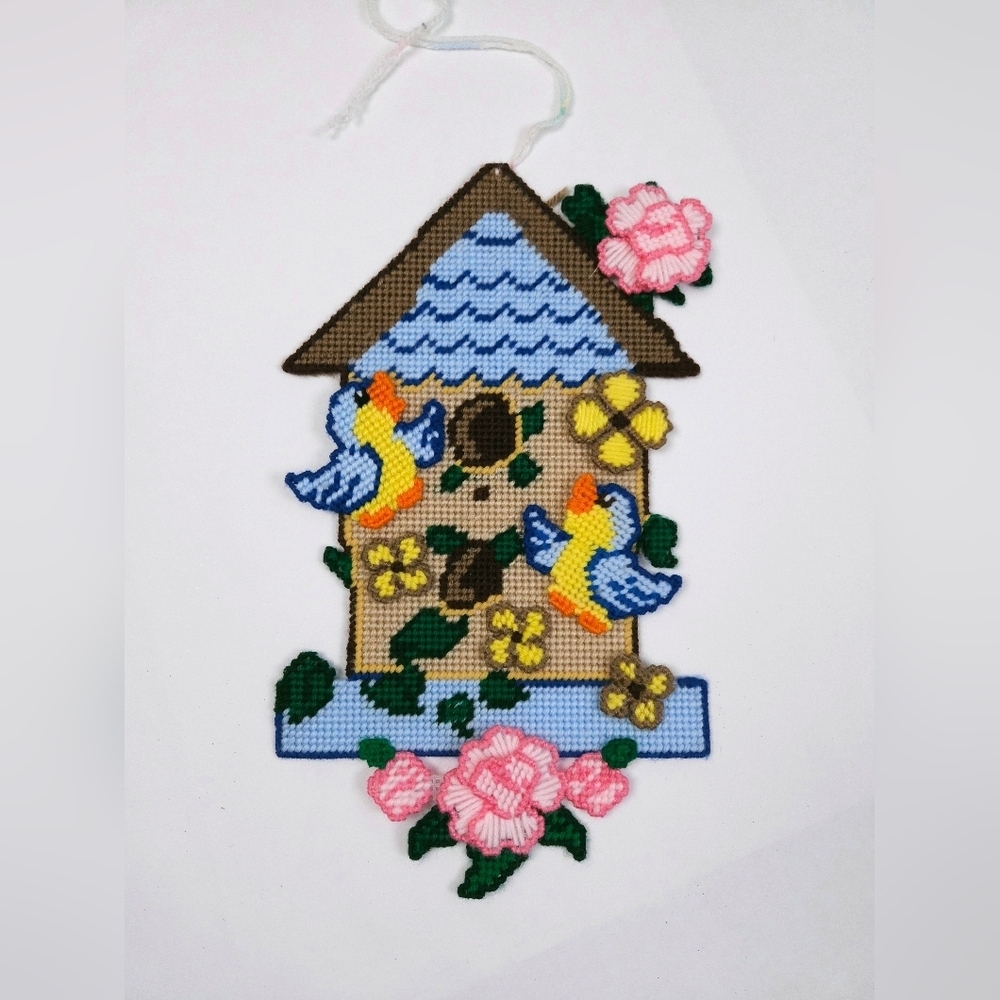 Handmade Blue Bird House Needlepoint Plastic Canvas Wall Hanging